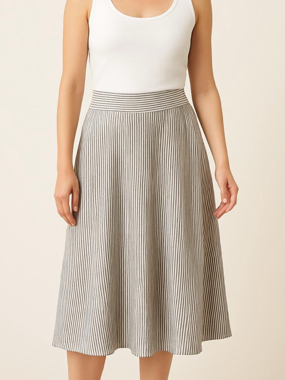 Max Studio Cream and Gray Striped Midi Skirt